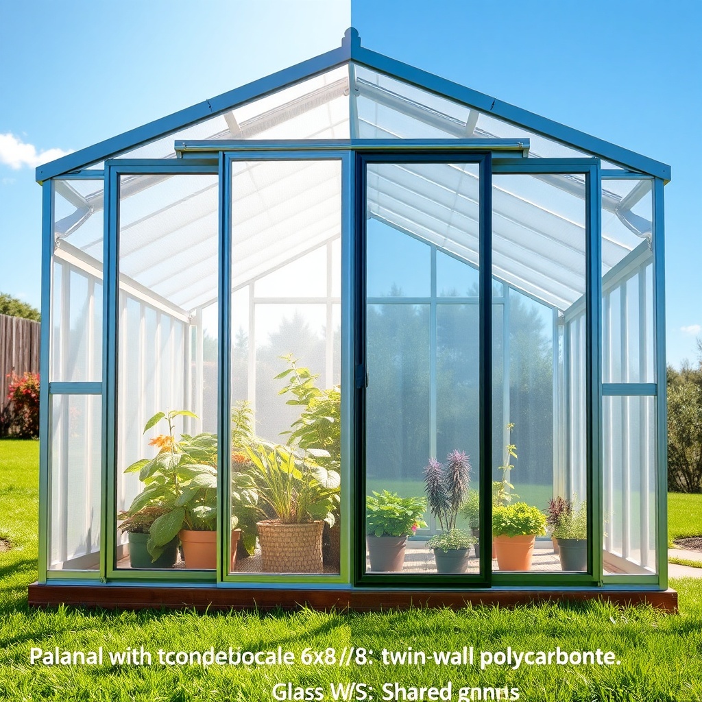 A photorealistic side-by-side comparison of a Palram Canopia Harmony 6x8 greenhouse showin