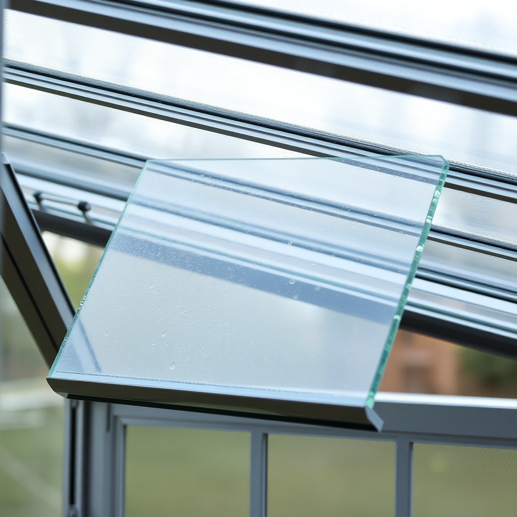 A photorealistic close-up of the interior of a Palram Canopia Harmony 6x8 greenhouse showi