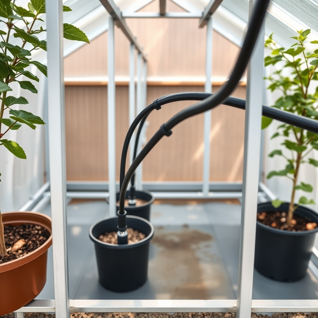 A photorealistic top-down view of a Palram Canopia Harmony 6x8 greenhouse with a drip irri