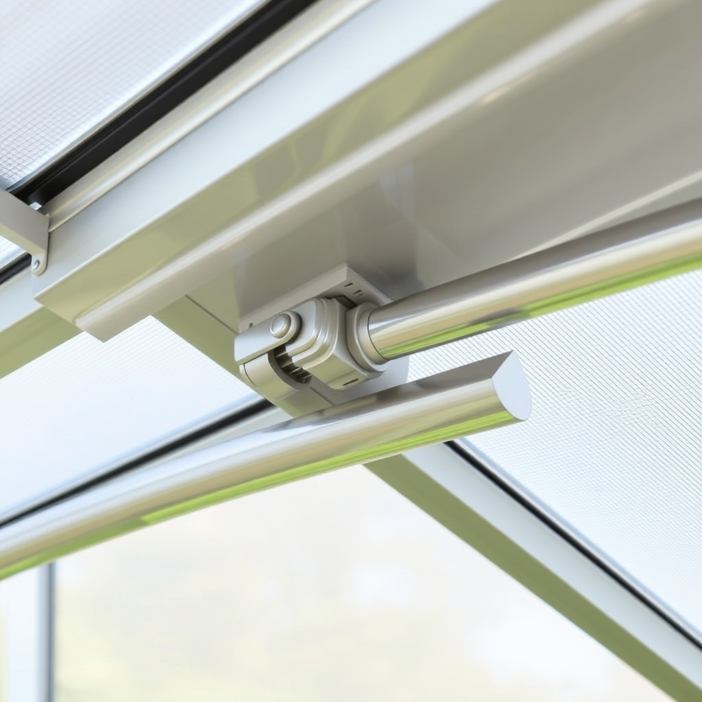 Close-up of a Palram Canopia Harmony 6x8 greenhouse roof vent with the automatic opener mo