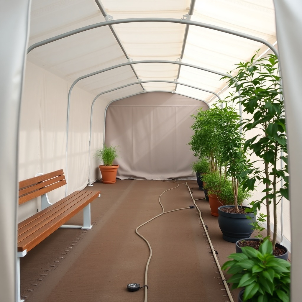 A clean photorealistic photo showing the interior of a Palram Canopia Harmony 6x8 with ben