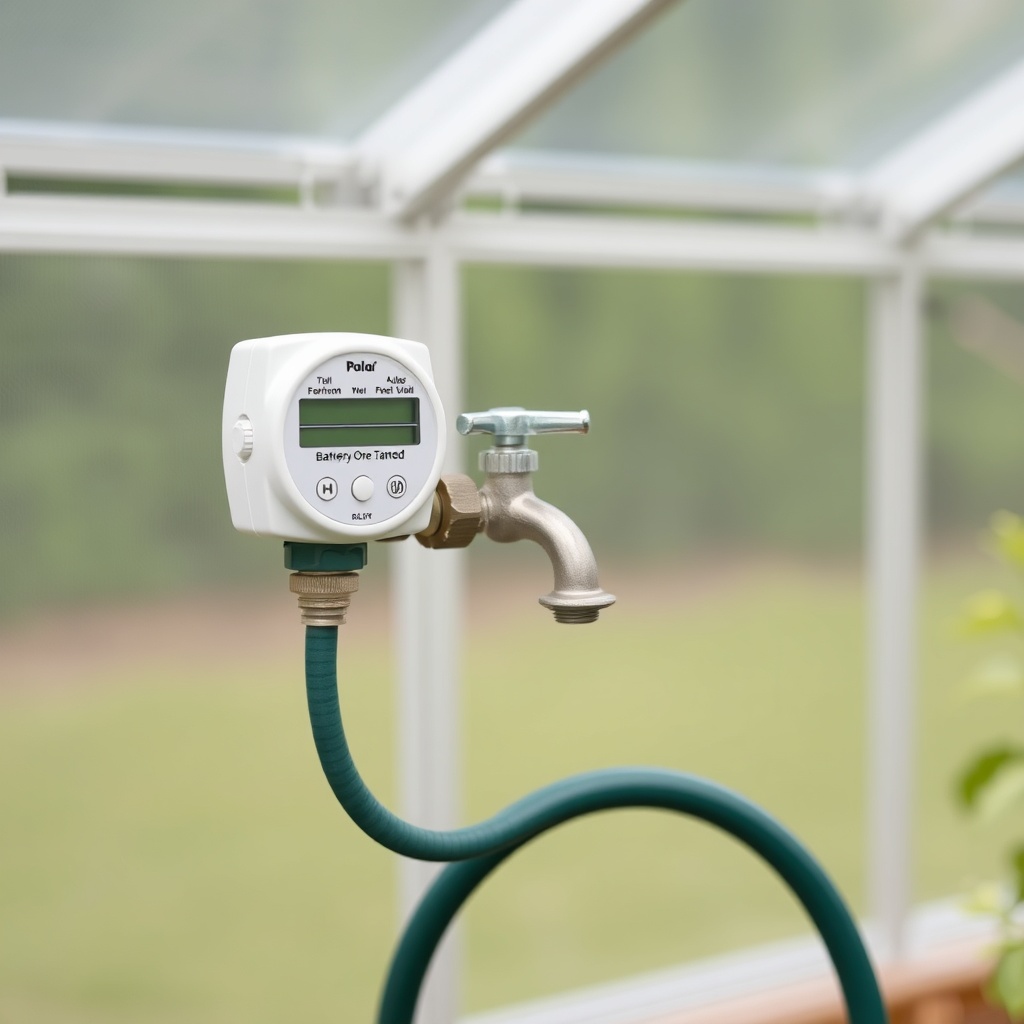 A clean photorealistic photo showing a battery-operated timer attached to an outdoor spigo