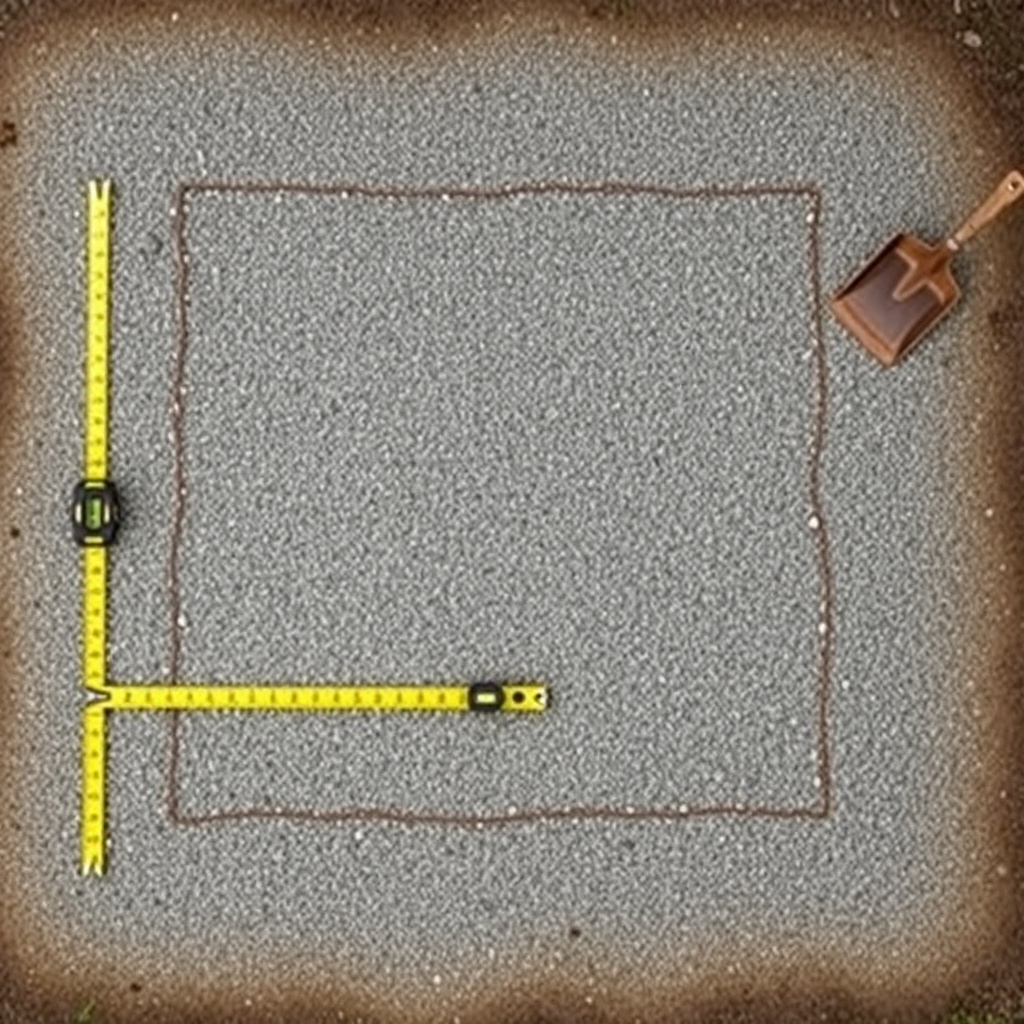 A photorealistic overhead view of a leveled gravel base with a measuring tape and spirit l