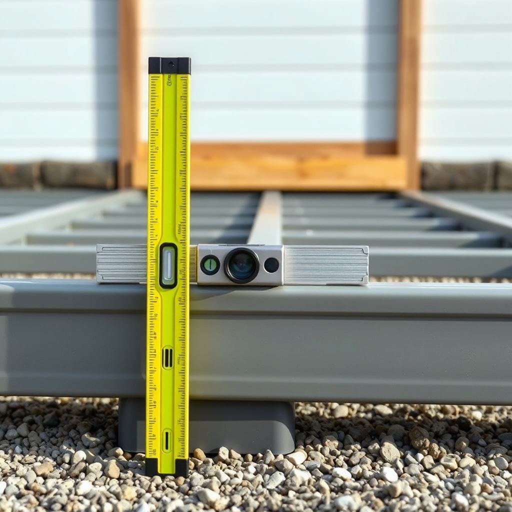 A photorealistic close-up of a spirit level resting on a fully assembled Palram Canopia Ha