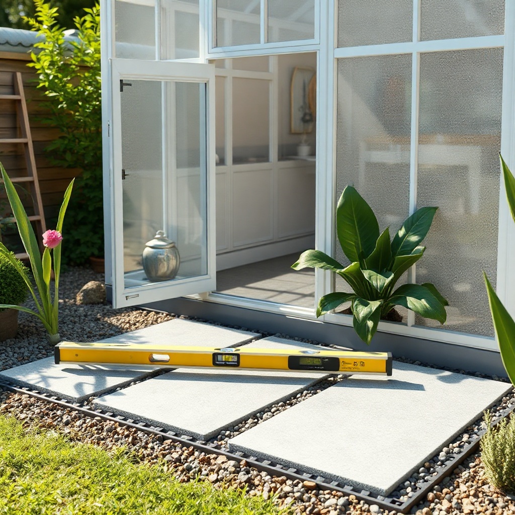 A clean photorealistic photo of a leveled gravel and paving slab base for a 6x8 greenhouse