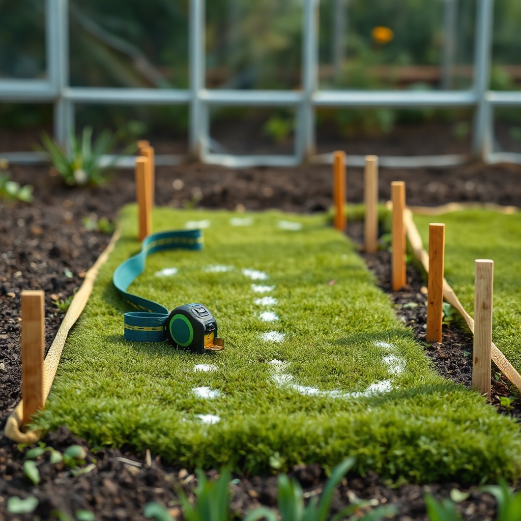 A clean photorealistic photo of a garden tape measure and chalk lines marking a rectangula