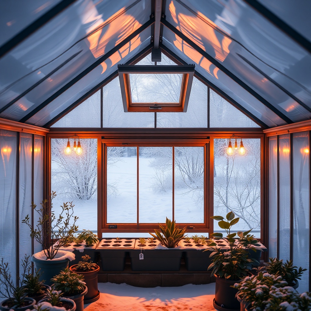 <clean photorealistic photo/illustration of a Palram Canopia Harmony 6x8 greenhouse in win