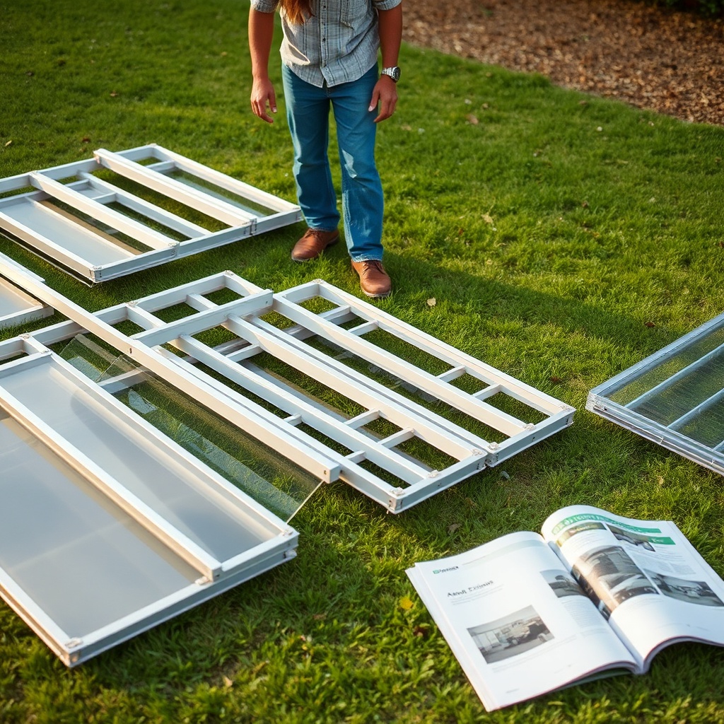 Two people in casual work clothes sorting through aluminum frame pieces and polycarbonate