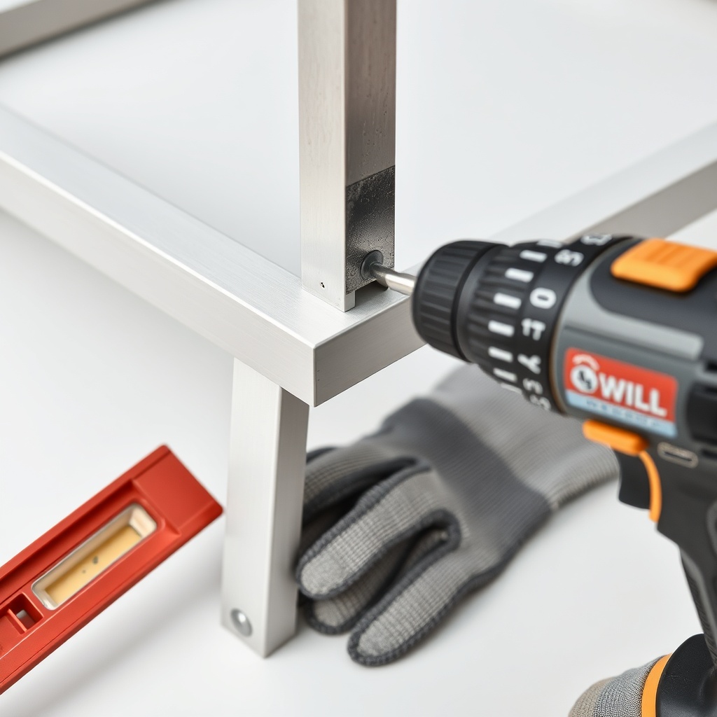 Close-up shot of an aluminum base frame corner being tightened with a cordless drill