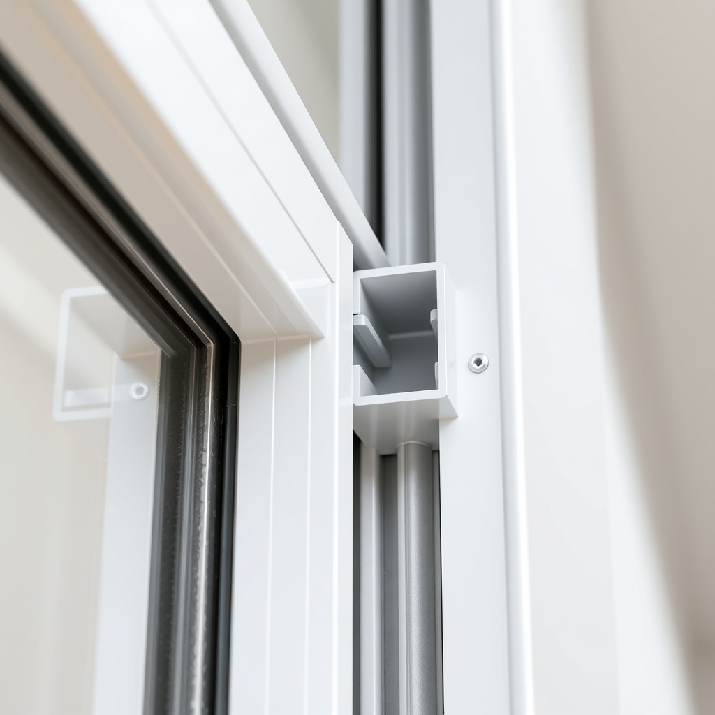 A photorealistic close-up of the Palram Canopia Harmony 6x8 aluminum frame corner joint