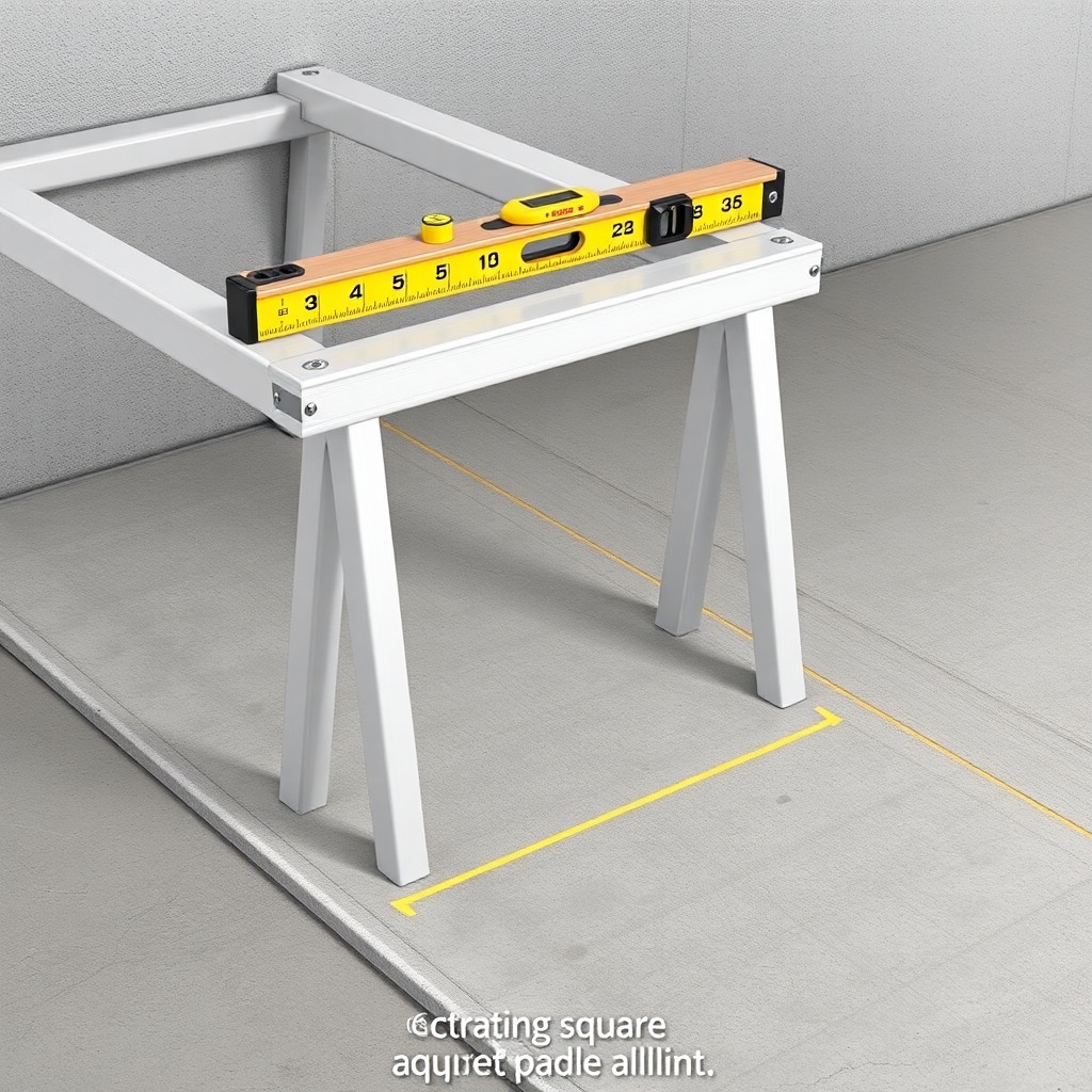 A photorealistic illustration showing the aluminum frame base assembly with a level and me