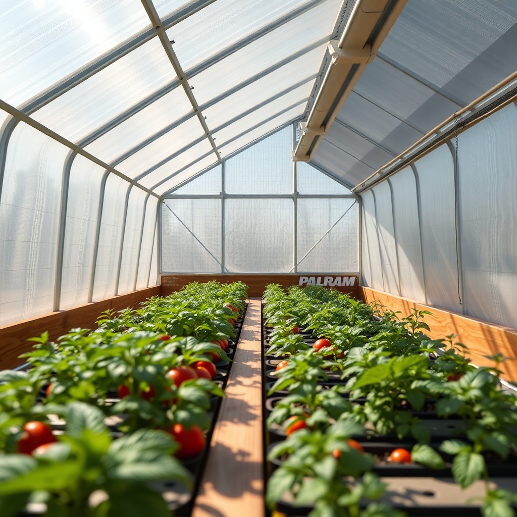 A photorealistic close-up showing the interior of a Palram Canopia Harmony 6x8 greenhouse