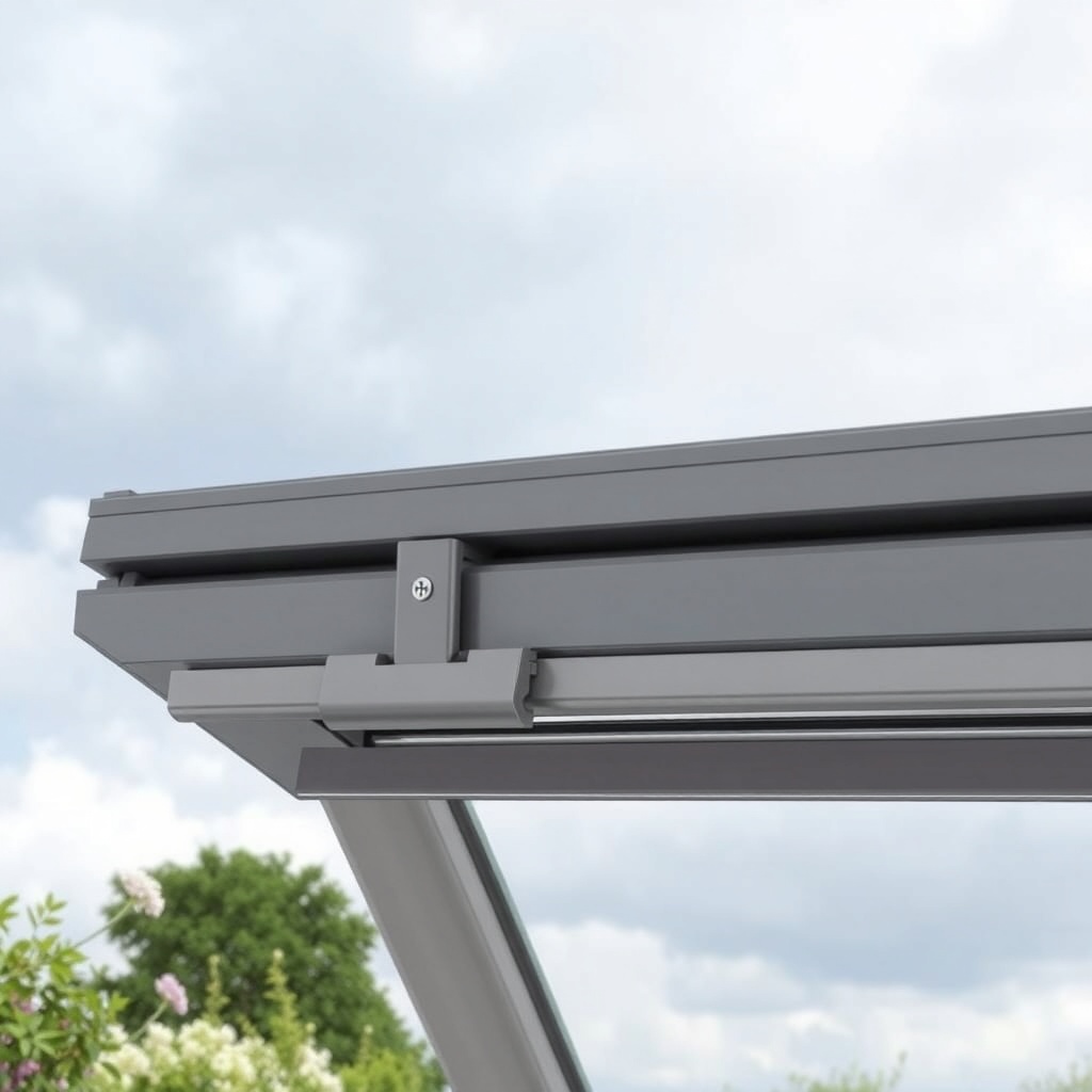 A close-up view of the Palram Canopia Harmony 6x8 roof sliding window showing the aluminum