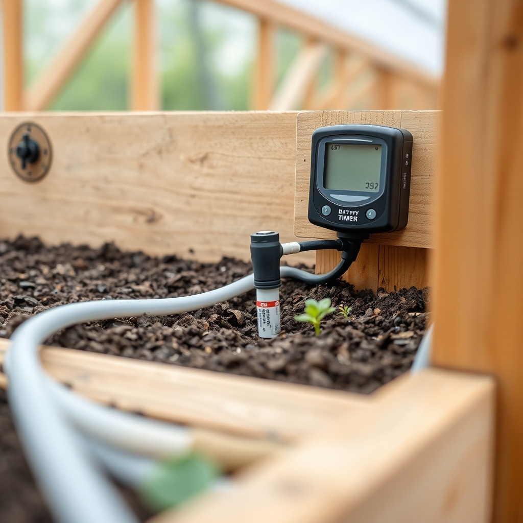 Close-up of a drip emitter tube running along soil in a wooden greenhouse