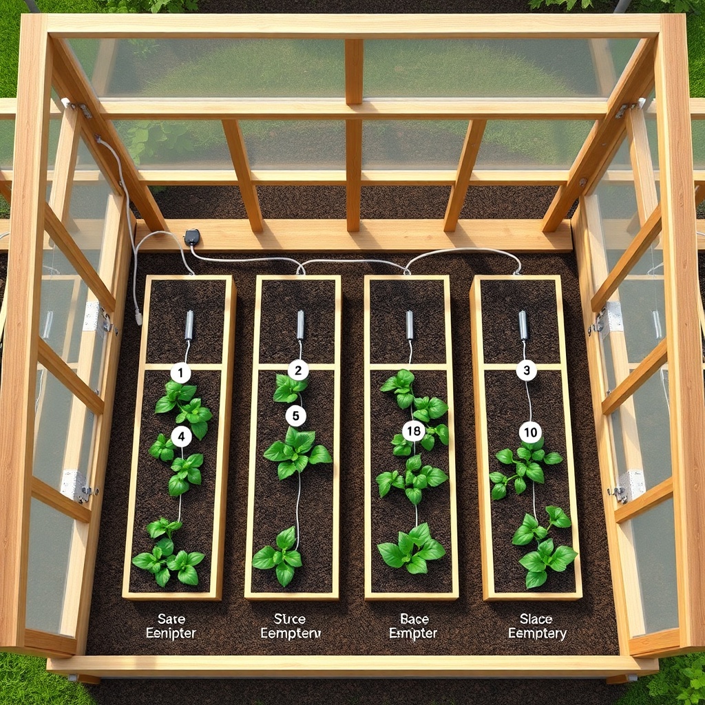 Overhead diagram-style photo of a 6x8 wooden greenhouse showing the tubing layout along fo