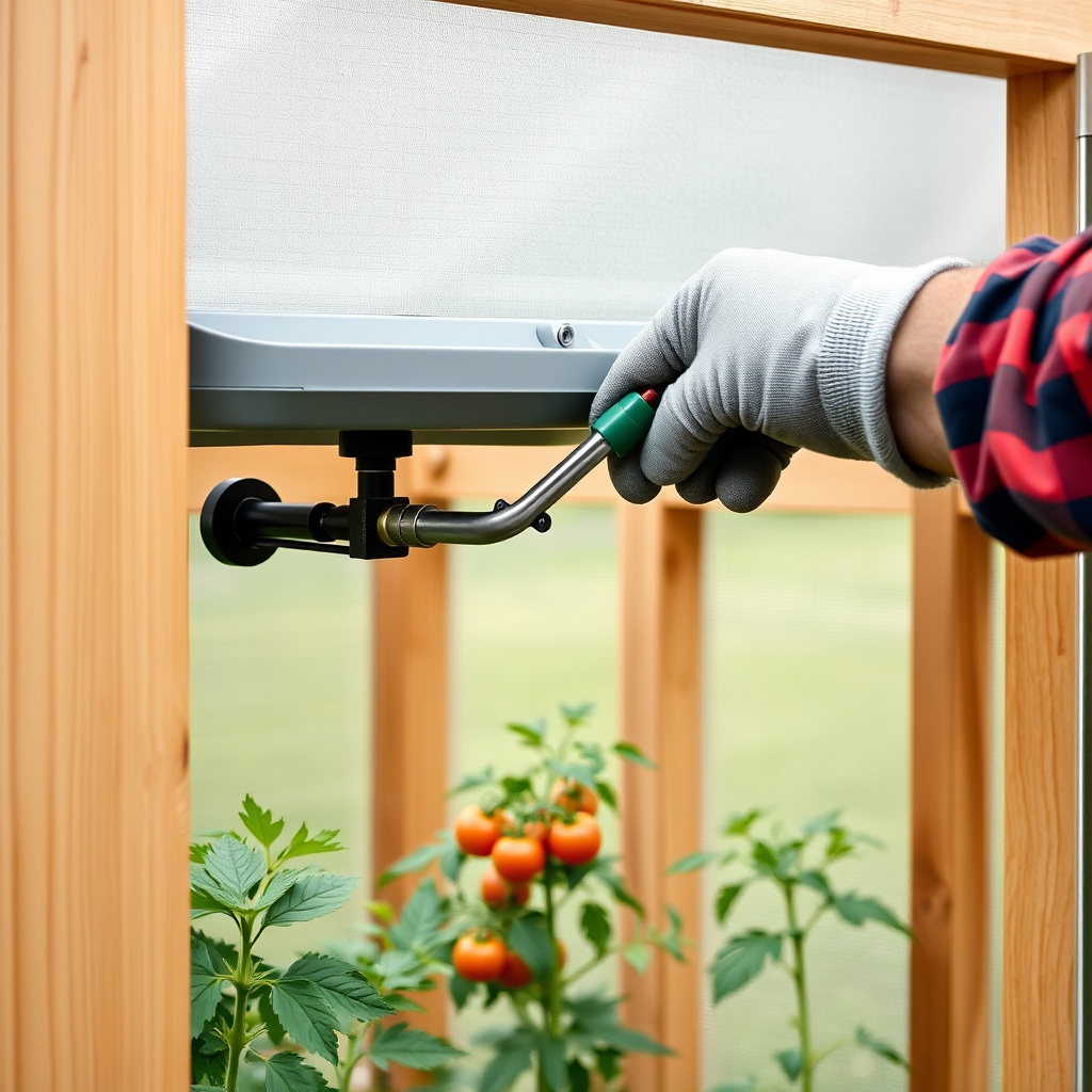 A clean photorealistic photo showing a gardener wearing gloves lubricating the piston rod