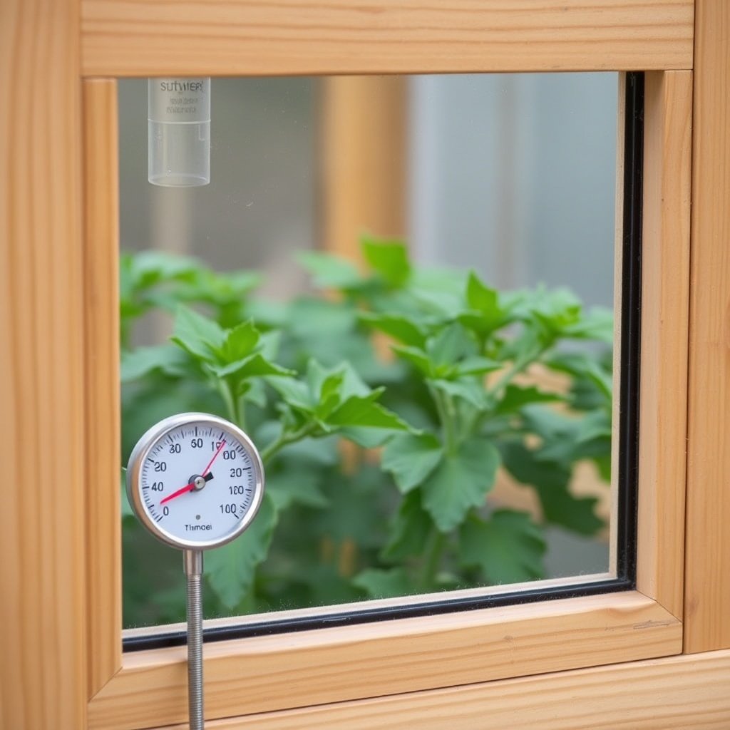 A photorealistic close-up photo of a thermometer and hygrometer placed inside a Riverstone
