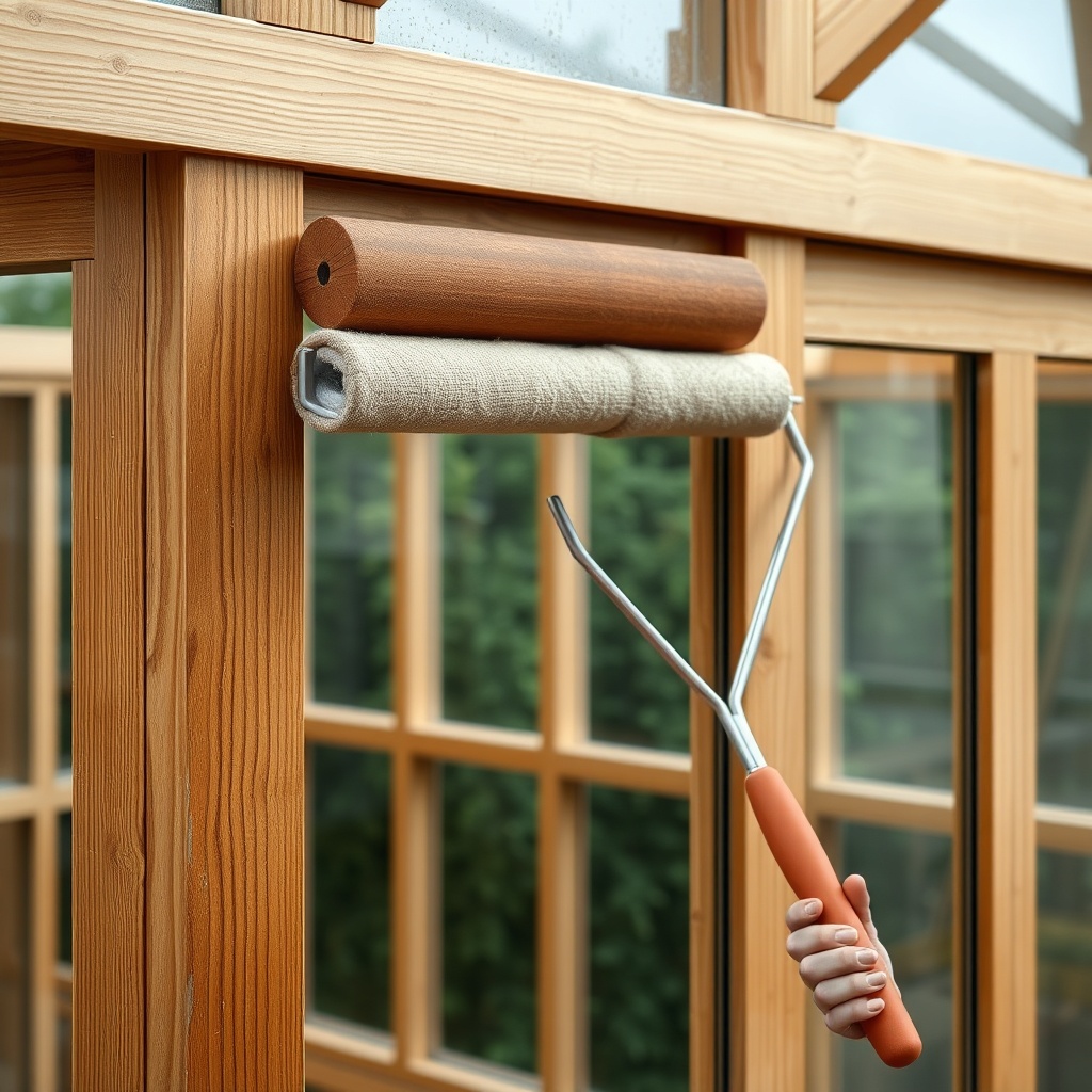 <clean photorealistic photo of a Riverstone 6x8 wooden greenhouse frame during application
