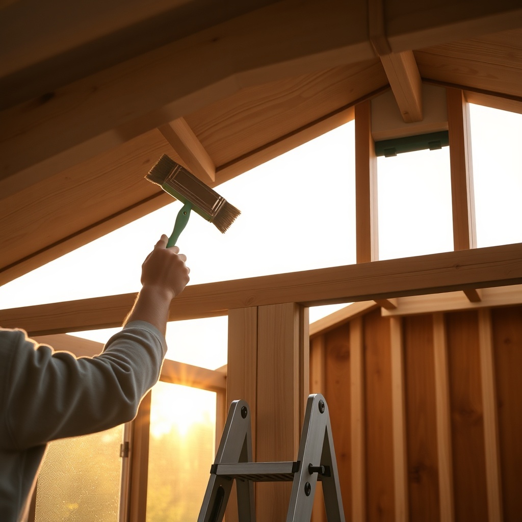 <clean photorealistic photo of a person brushing stain onto the roof ridge beam of a River