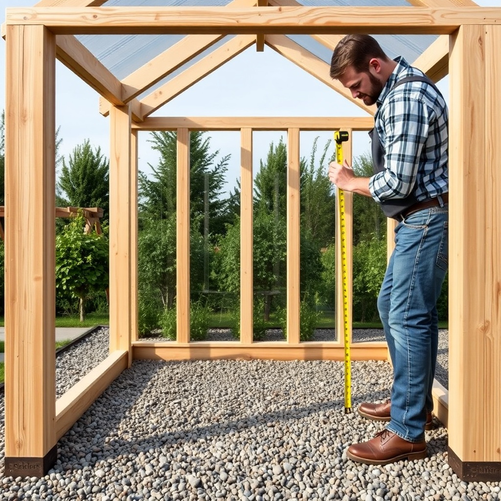 A clean photorealistic photo of a level gravel base with a pressure-treated timber frame f