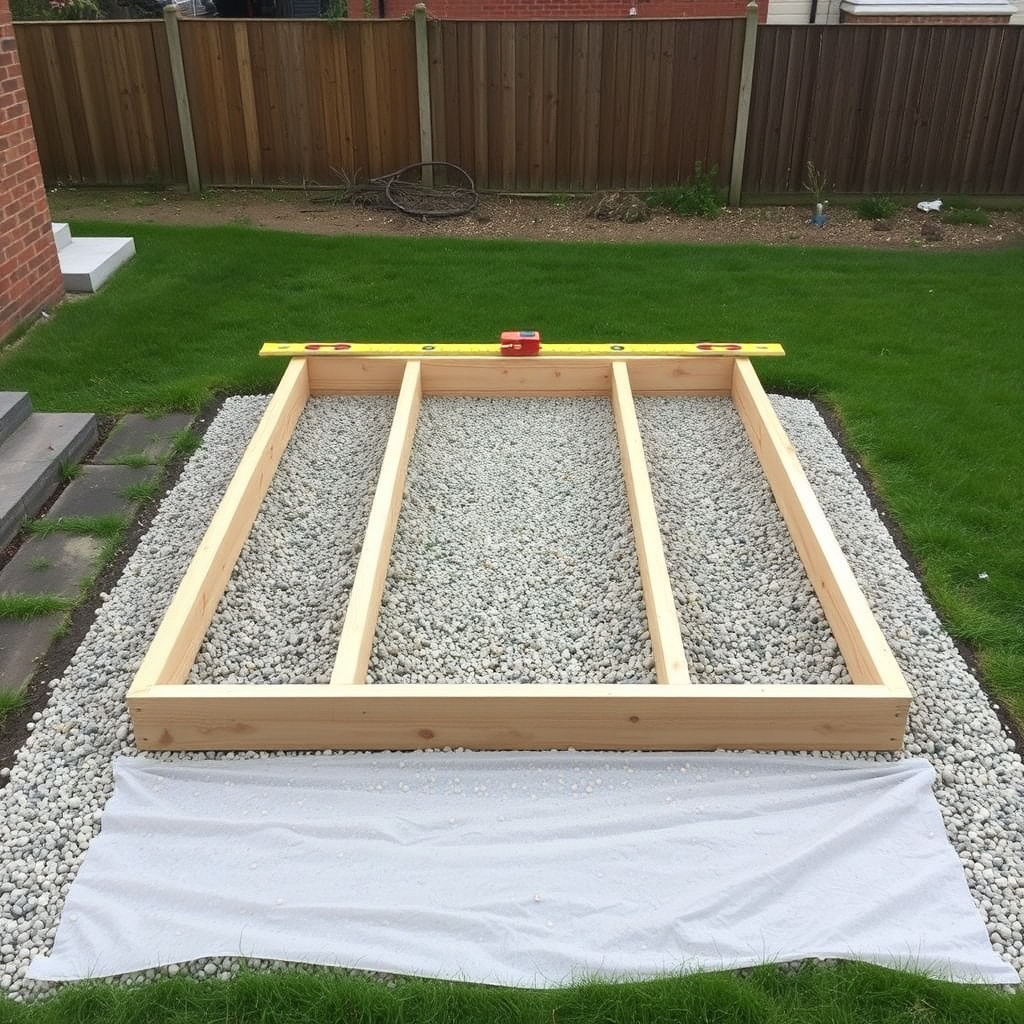 <photorealistic photo showing a prepared gravel base with timber frame laid on top
