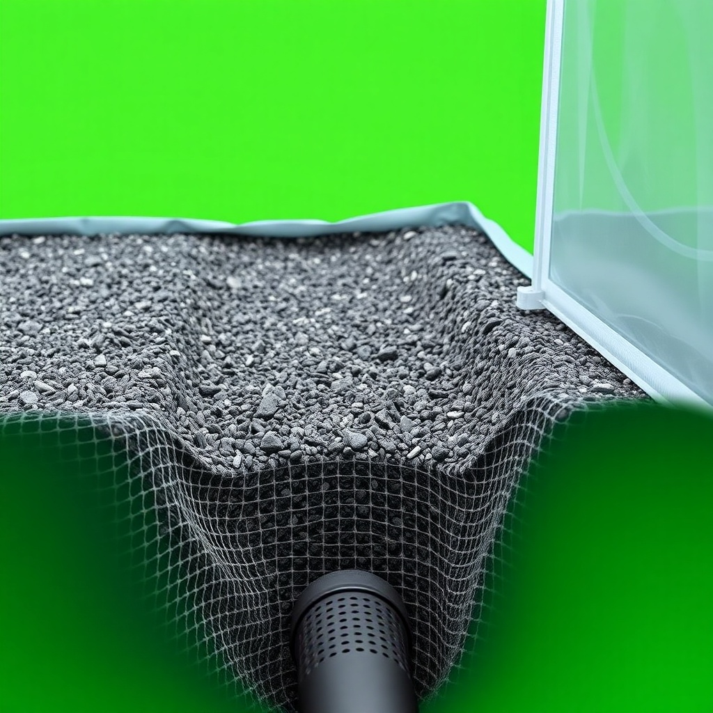 <photorealistic photo showing a French drain trench with gravel around the greenhouse base