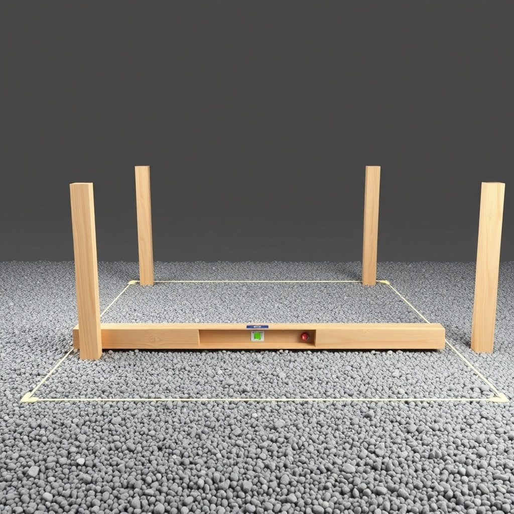 <clean photorealistic photo showing a leveled gravel base with outlined perimeter stakes a