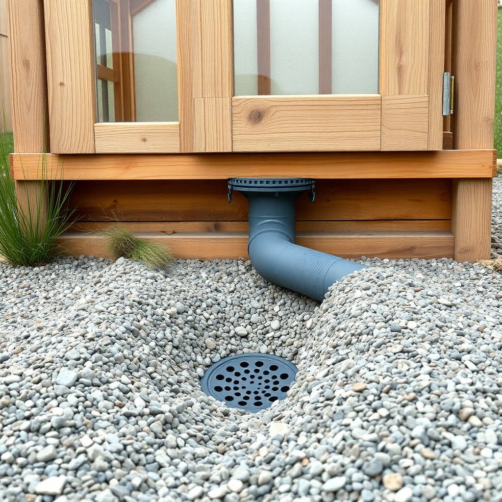 <clean photorealistic photo showing a gravel trench with perforated drainpipe around the b
