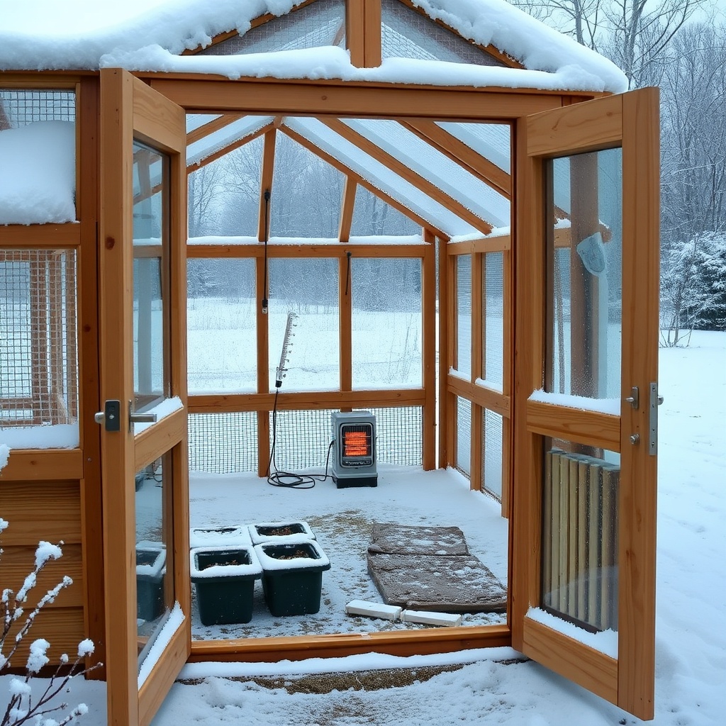 A photorealistic winter scene showing the Riverstone 6x8 Wooden Greenhouse covered in ligh