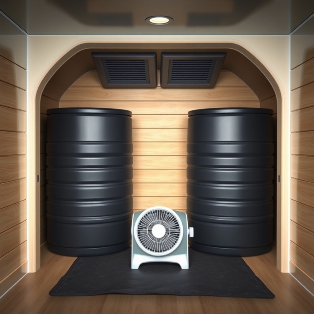 A photorealistic interior view of the Riverstone 6x8 showing two dark water barrels along