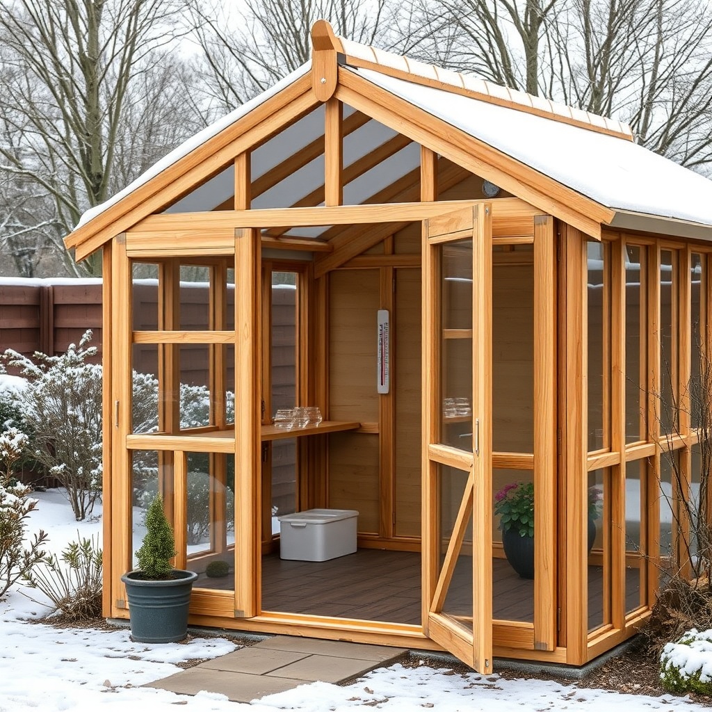 A photorealistic photo showing a Riverstone 6x8 Wooden Greenhouse with upgraded 6mm polyca