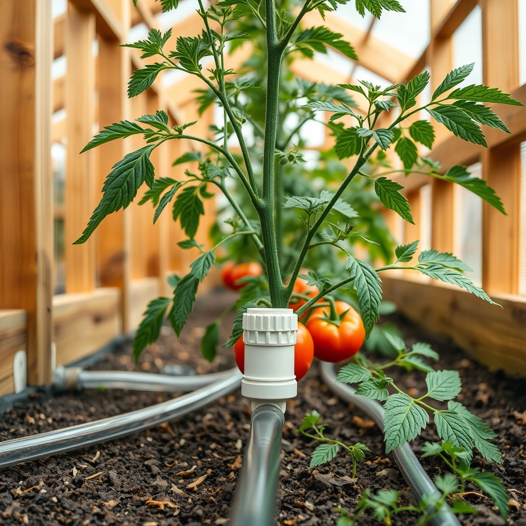 Close-up photo of a drip irrigation emitter placed near the base of a tomato plant inside