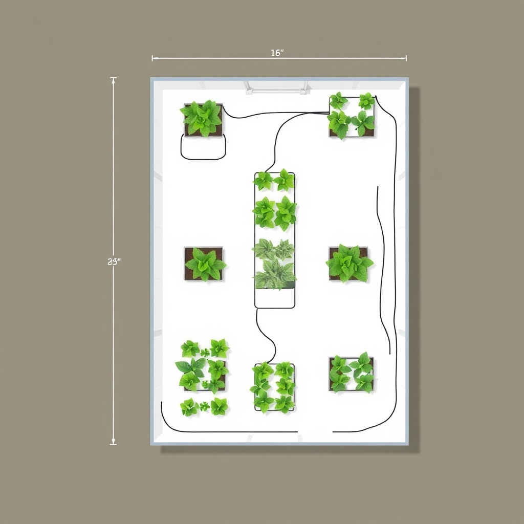 Top-down diagrammatic photo of a 6x8 greenhouse floor plan with three outlined planting zo