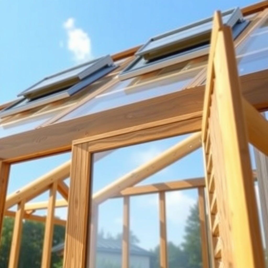 A photorealistic wide-angle shot of the Riverstone 6x8 Wooden Greenhouse with two roof ven