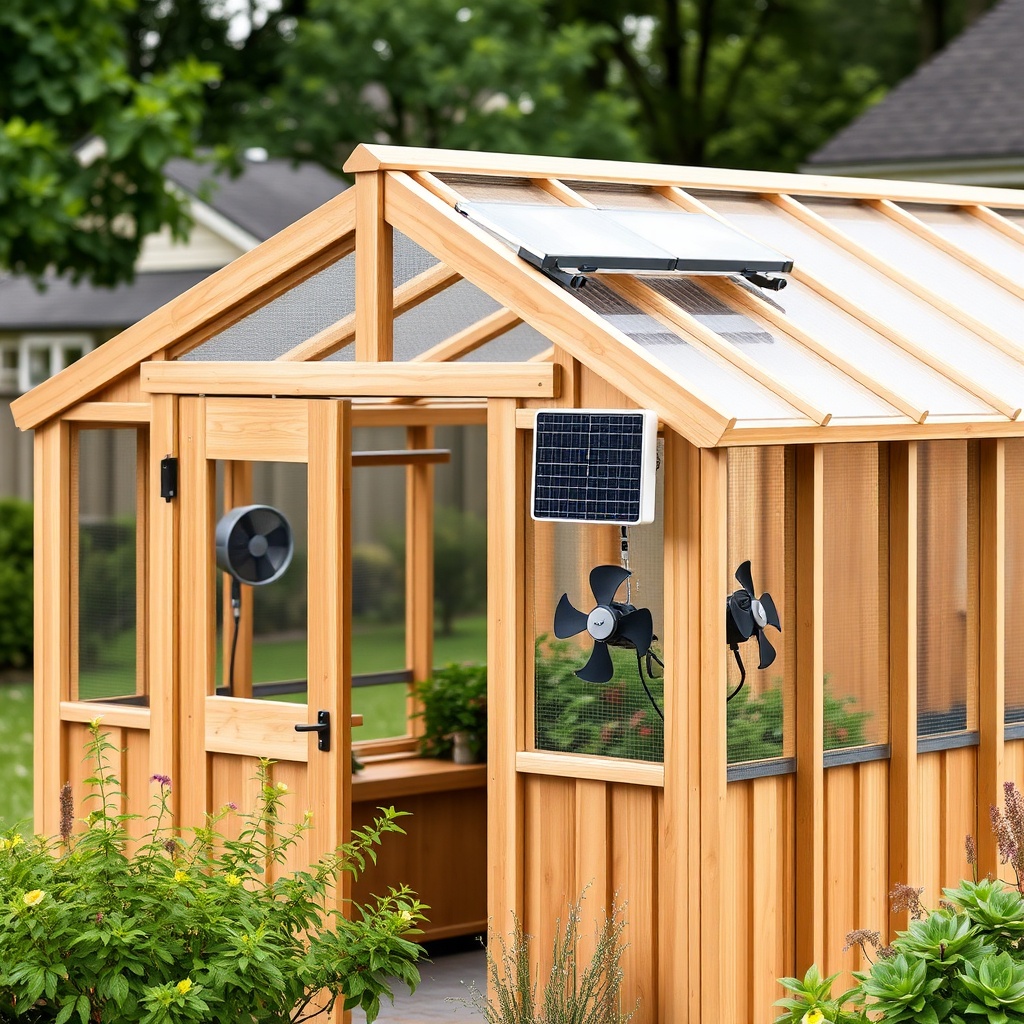 A photorealistic photo of a Riverstone 6x8 Wooden Greenhouse set in a suburban garden