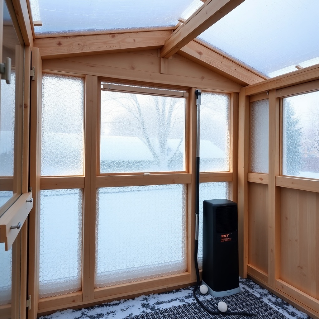 <clean photorealistic photo of a Riverstone 6x8 wooden greenhouse with a small electric he