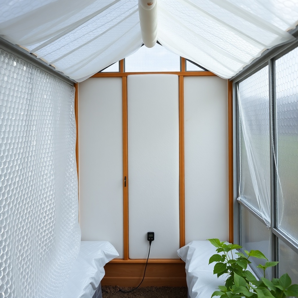 <clean photorealistic photo of interior of Riverstone 6x8 greenhouse showing bubble wrap i