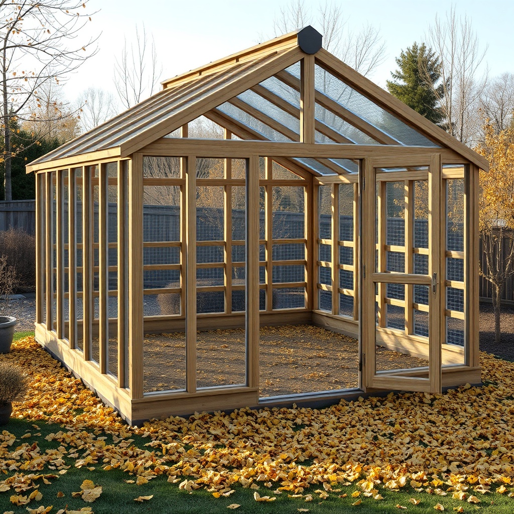A clean photorealistic photo of a Riverstone 6x8 Wooden Greenhouse in early autumn
