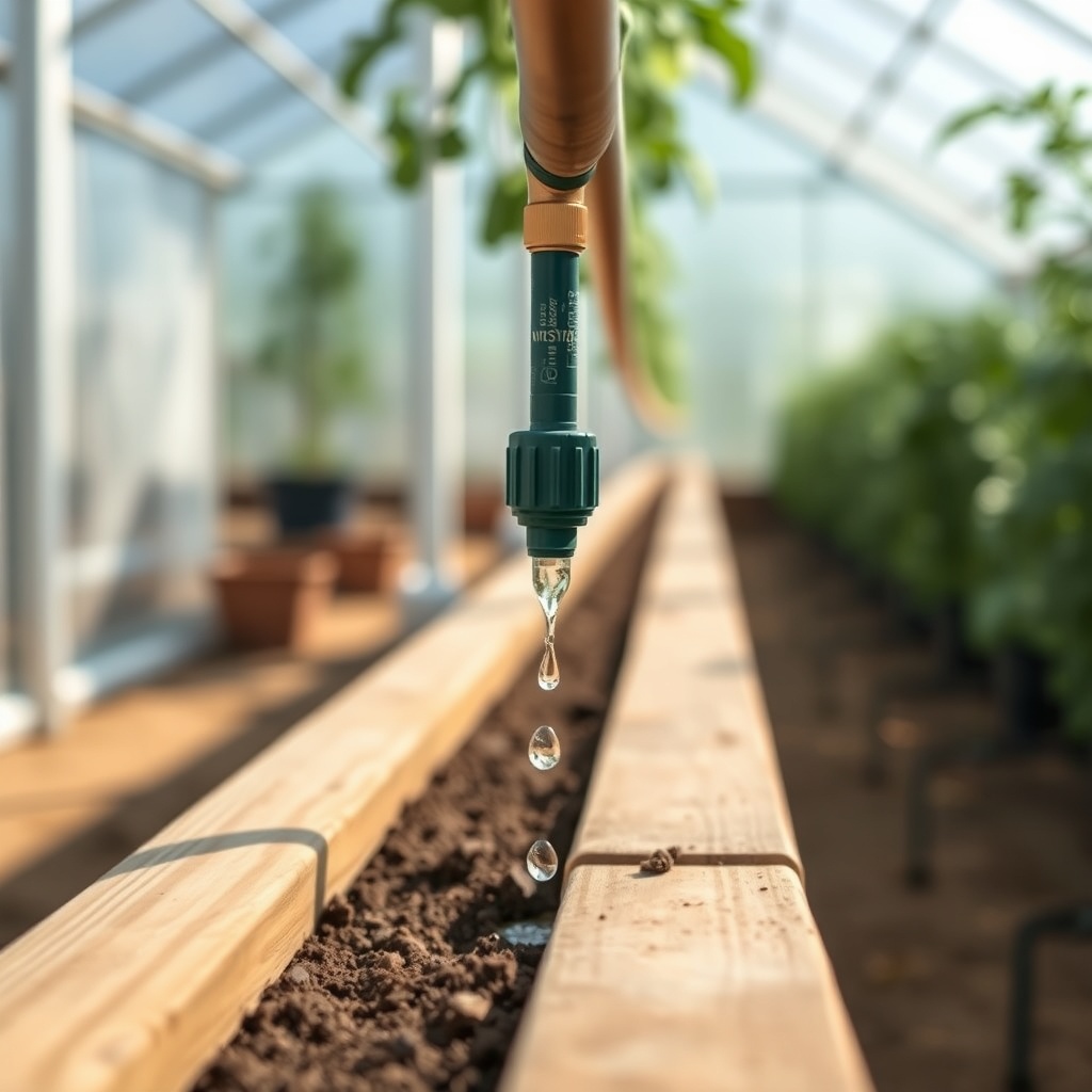 A photorealistic close-up of a drip tube running along a riverstone greenhouse wooden benc