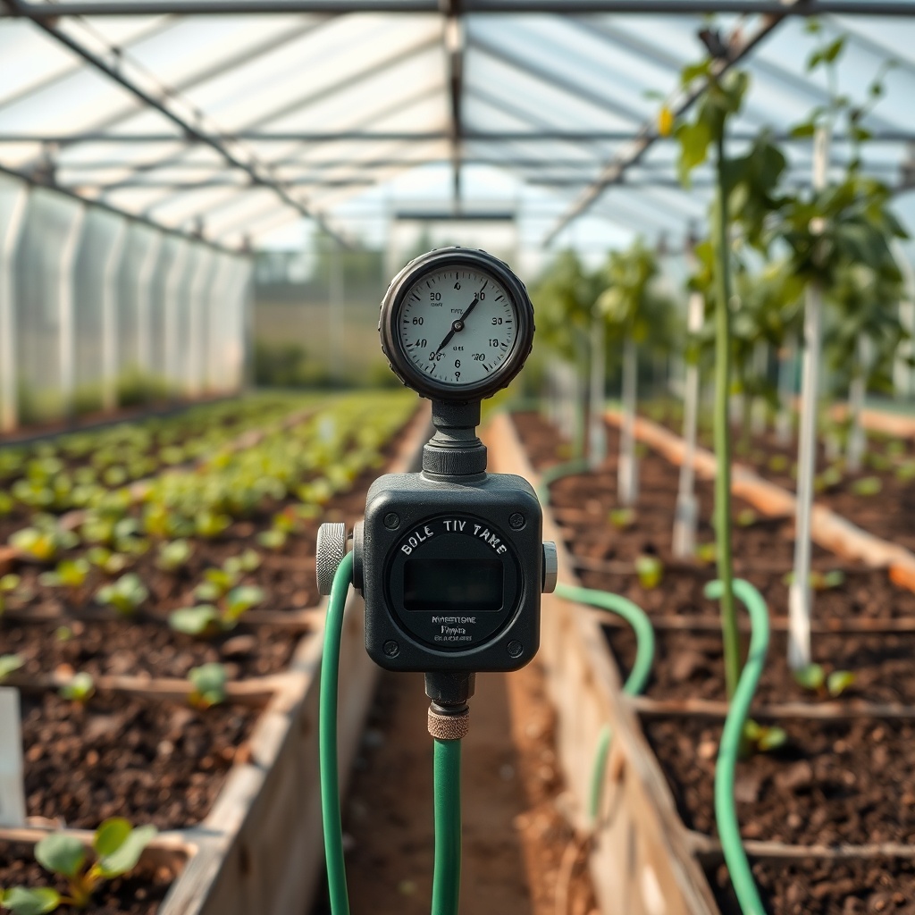 A photorealistic wide-angle interior shot of the riverstone greenhouse showing a timer con
