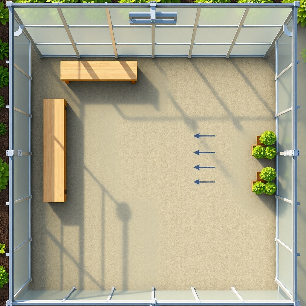 A photorealistic top-down illustration of a 6x8 greenhouse floor plan showing bench height
