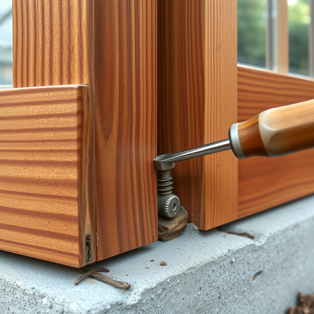 A photorealistic close-up photo of the bottom corner of a wooden greenhouse showing soft