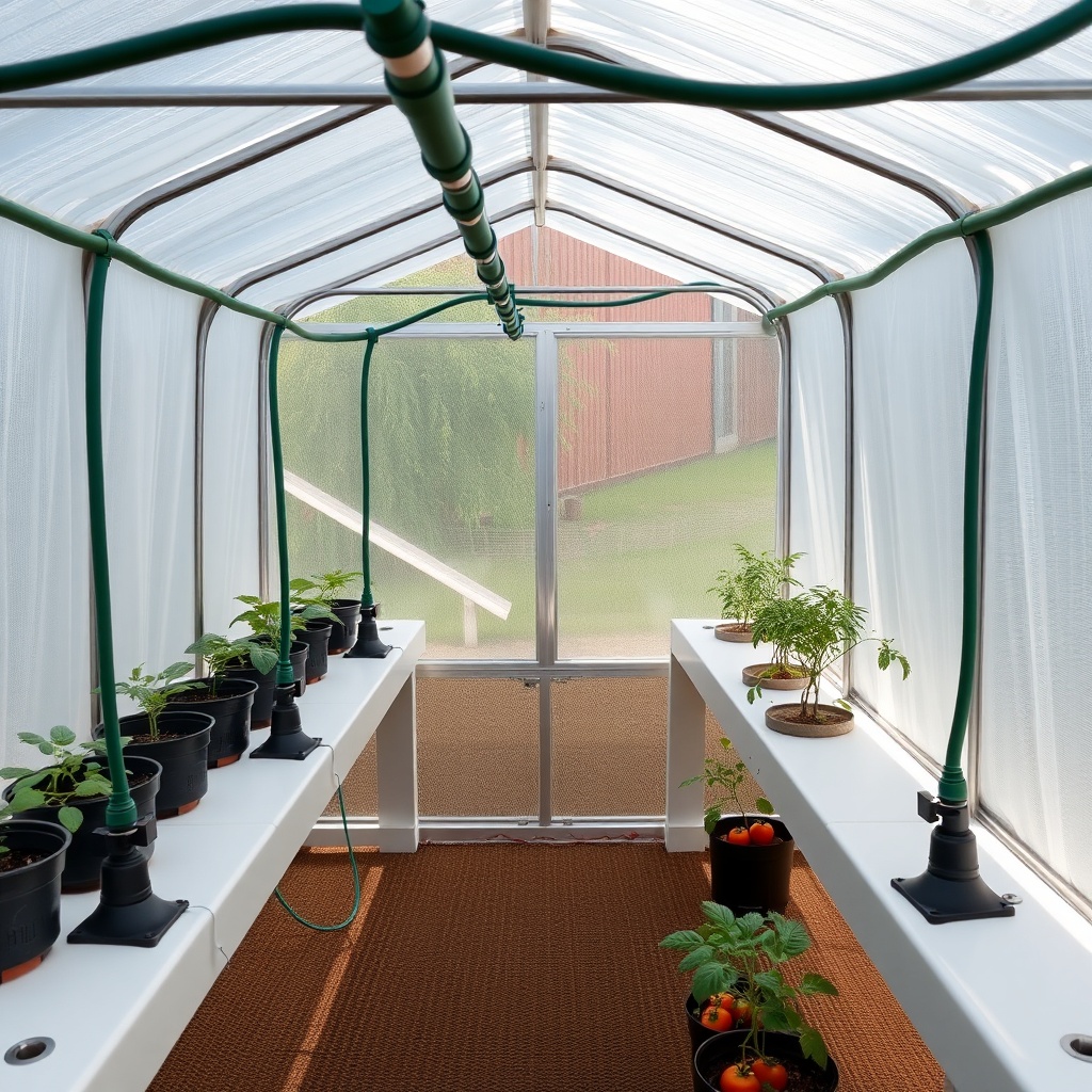 A photorealistic overhead view of a Suncast 8x6 Tremont greenhouse interior showing dark g