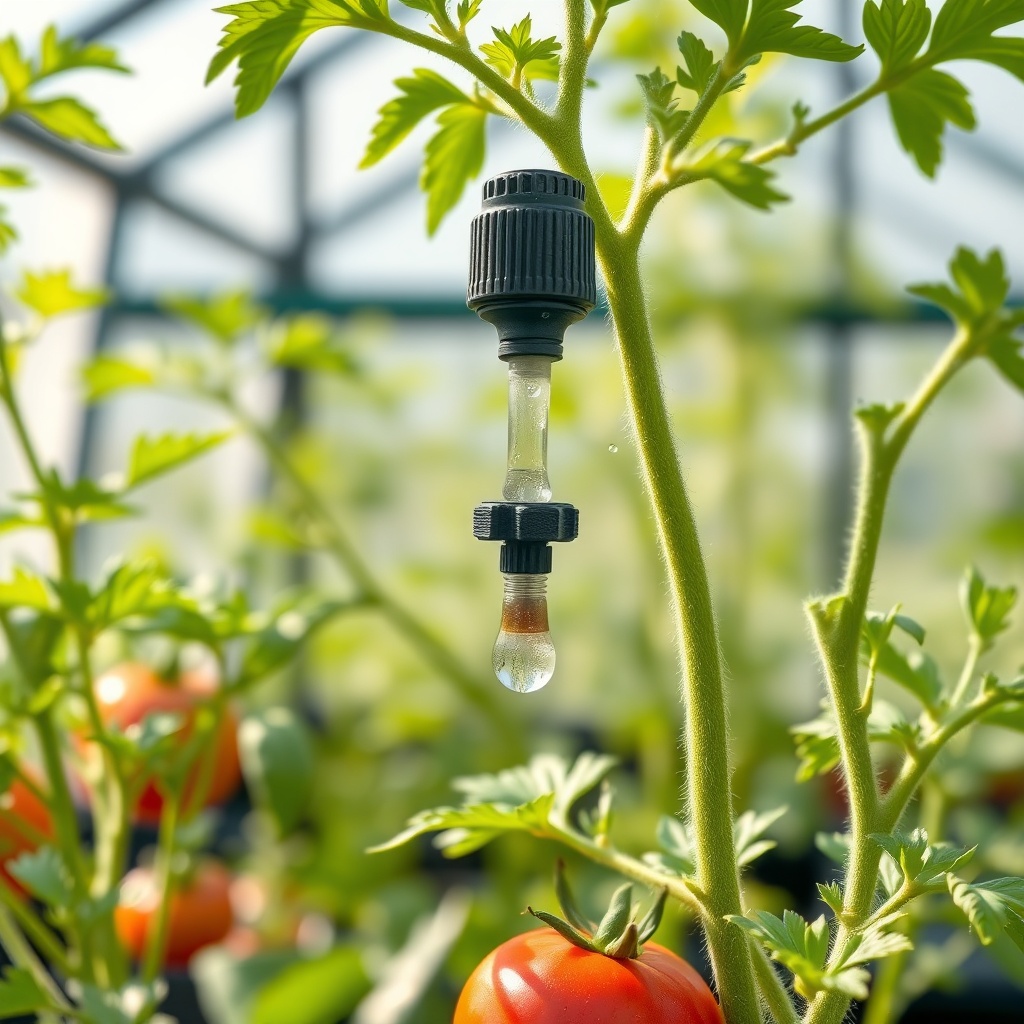 A photorealistic close-up of healthy tomato plants growing in a Suncast 8x6 Tremont greenh