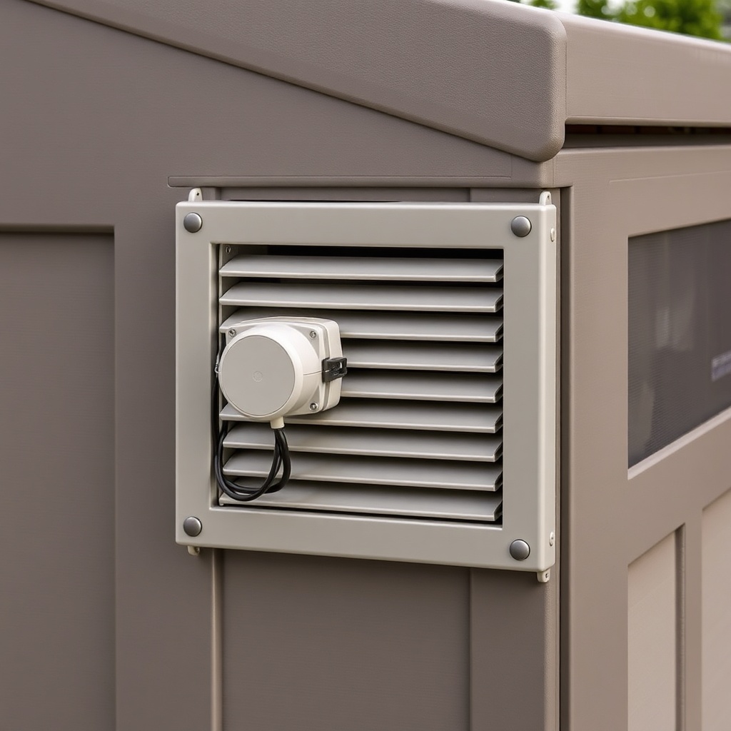 Close-up of a motorized louver vent installed on the side polycarbonate panel of the Sunca