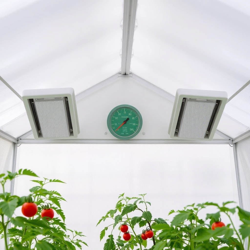 Wide-angle interior shot of a Suncast 8x6 Tremont greenhouse with automatic vents open