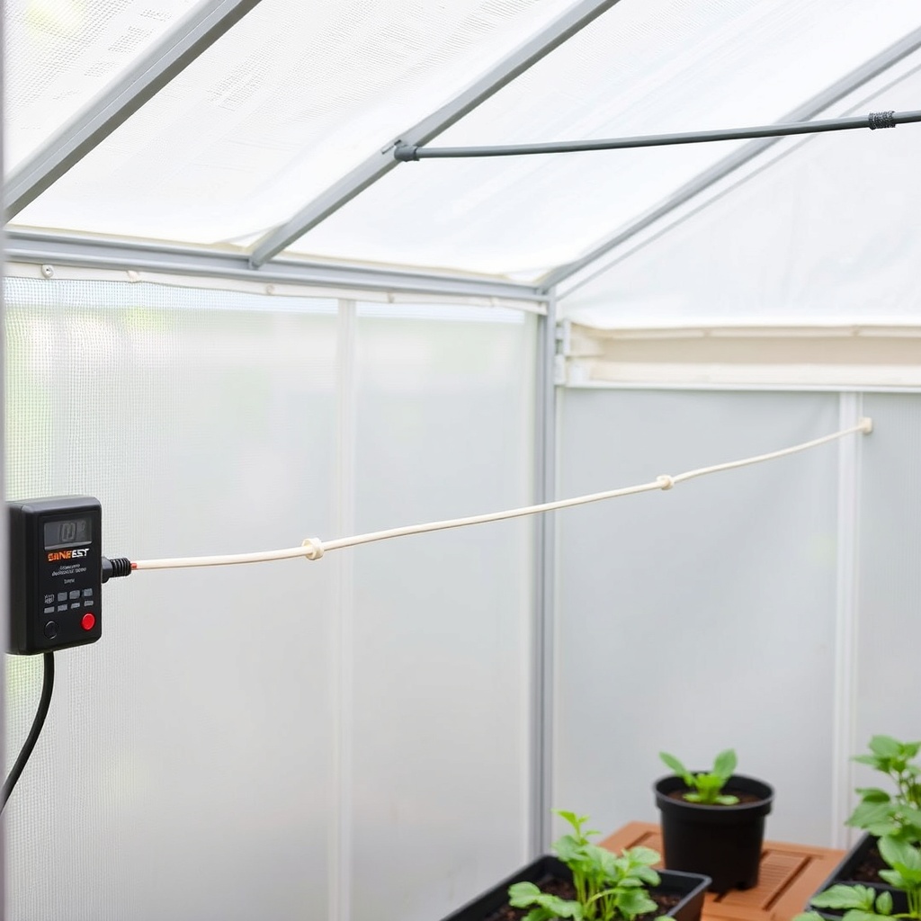 A clean photorealistic photo of the interior of a Suncast 8x6 Tremont greenhouse showing d