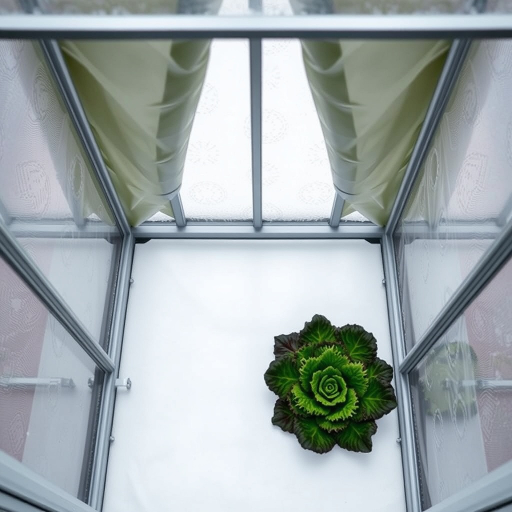 A photorealistic overhead view of the Suncast 8x6 Tremont greenhouse with bubble wrap insu