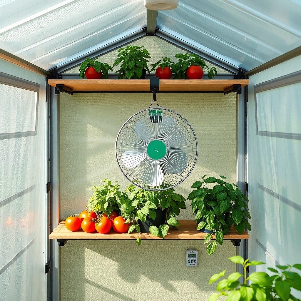 A photorealistic interior view of a Suncast 8x6 Tremont greenhouse showing a clip-on oscil
