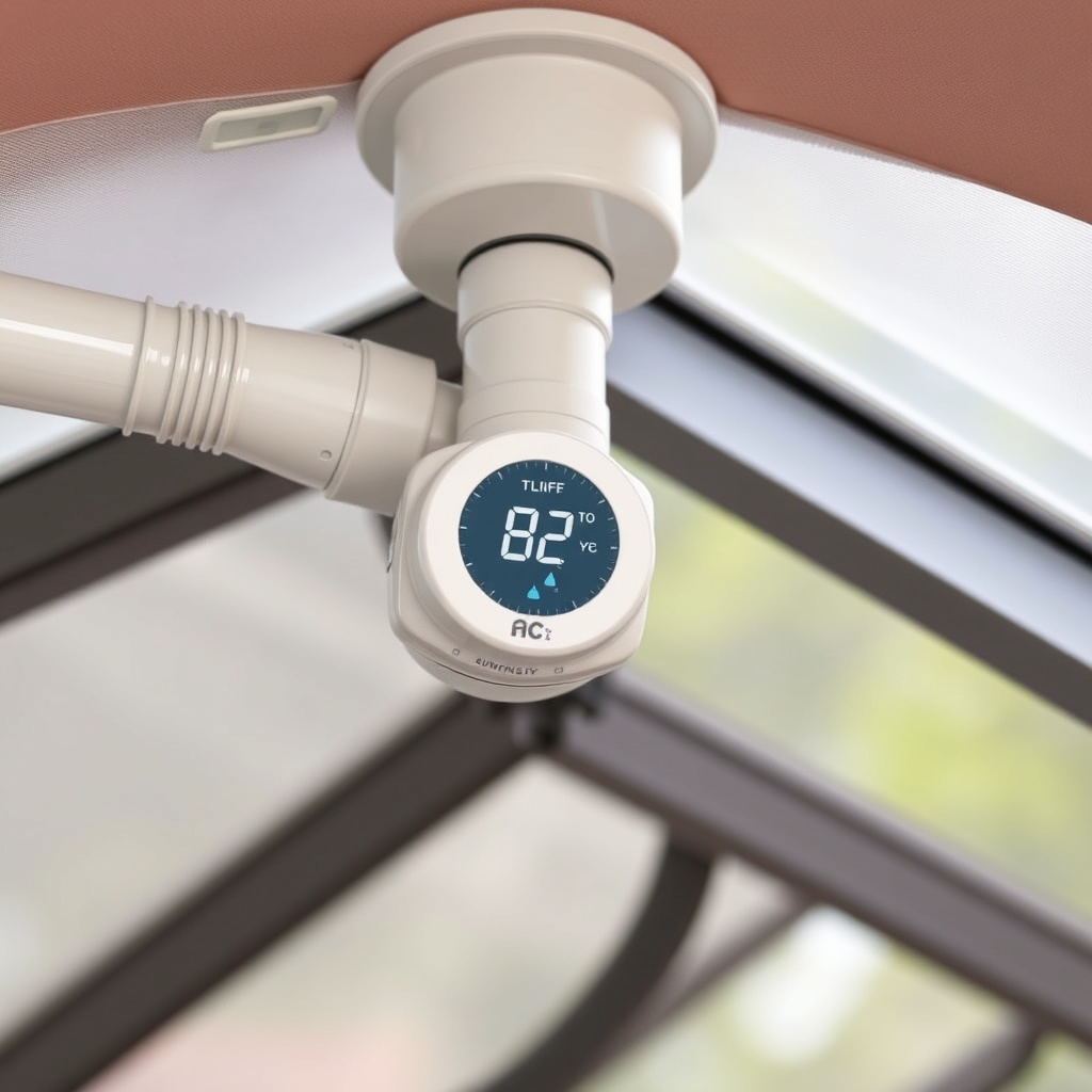 A photorealistic close-up of an AC Infinity CLOUDLINE T6 inline fan mounted near the roof